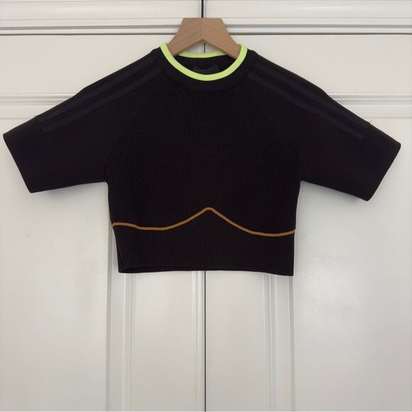 Ivy Park x Adidas netted Jersey crop top Short sleeve crew neck black orange L - Picture 1 of 7